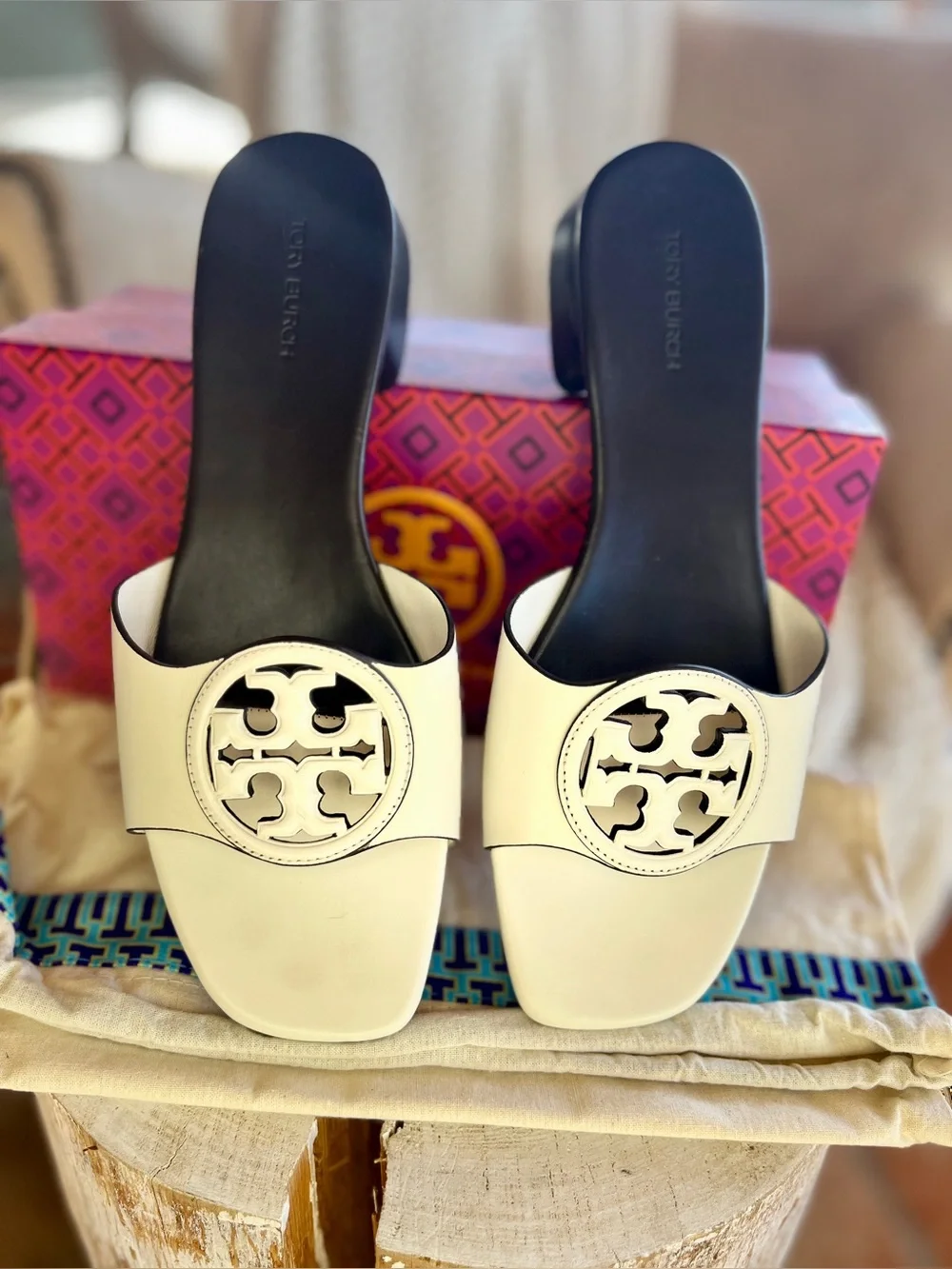 Tory Burch Cream Logo Slide Mules